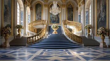 Photo of the room featuring the interior design of the Palace of Versaille, France. Generative AI