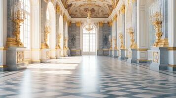 Photo of the room featuring the interior design of the Palace of Versaille, France. Generative AI