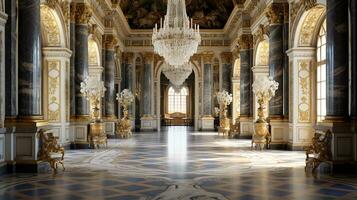 Photo of the room featuring the interior design of the Palace of Versaille, France. Generative AI