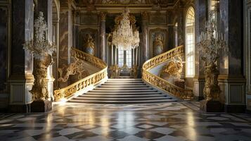 Photo of the room featuring the interior design of the Palace of Versaille, France. Generative AI