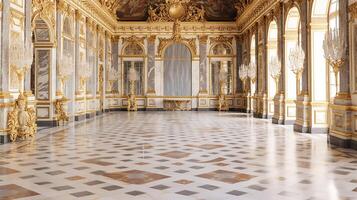 Photo of the room featuring the interior design of the Palace of Versaille, France. Generative AI