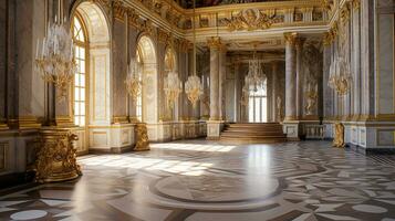 Photo of the room featuring the interior design of the Palace of Versaille, France. Generative AI