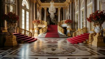 Photo of the room featuring the interior design of the Palace of Versaille, France. Generative AI