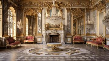 Photo of the room featuring the interior design of the Palace of Versaille, France. Generative AI