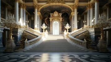 Photo of the room featuring the interior design of the Palace of Versaille, France. Generative AI