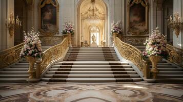 Photo of the room featuring the interior design of the Palace of Versaille, France. Generative AI