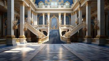 Photo of the room featuring the interior design of the Palace of Versaille, France. Generative AI