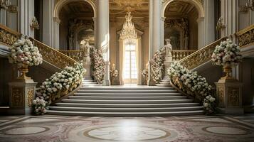 Photo of the room featuring the interior design of the Palace of Versaille, France. Generative AI