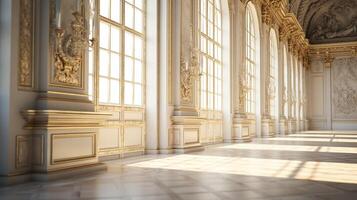 Photo of the room featuring the interior design of the Palace of Versaille, France. Generative AI