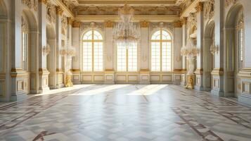 Photo of the room featuring the interior design of the Palace of Versaille, France. Generative AI