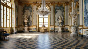 Photo of the room featuring the interior design of the Palace of Versaille, France. Generative AI