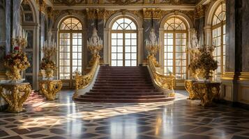 Photo of the room featuring the interior design of the Palace of Versaille, France. Generative AI