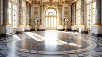 Photo of the room featuring the interior design of the Palace of Versaille, France. Generative AI