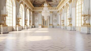 Photo of the room featuring the interior design of the Palace of Versaille, France. Generative AI