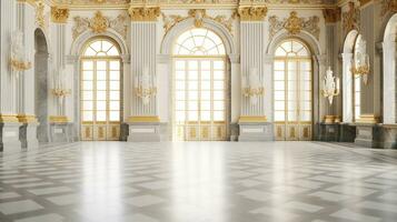 Photo of the room featuring the interior design of the Palace of Versaille, France. Generative AI