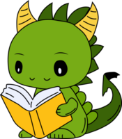 Stock Illustration isolated Emoji character cartoon green dragon dinosaur reading a book sticker emoticon png