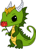 Stock Illustration isolated Emoji character cartoon green dragon dinosaur sniffs a flower with a cup sticker png