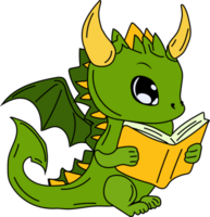 Stock Illustration isolated Emoji character cartoon green dragon dinosaur reading a book sticker emoticon png