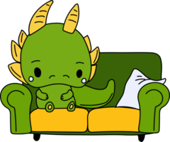 azione illustrazione isolato emoji personaggio cartone animato verde Drago dinosauro dire bugie su il divano etichetta emoticon png