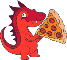 Stock illustration isolé emoji personnage dessin animé dragon dinosaure mange une Pizza autocollant émoticône png