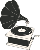 Black and white Cartoon Retro Gramophone record player drawing. Cute vector illustration of vintage music equipment. png