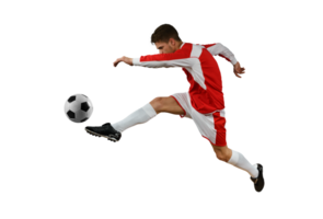Soccer  player kicks the soccerball in the air by jumping png