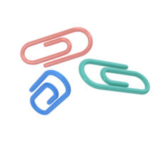 Three clips 3d icon school. Volumetric tool for paper and documents. Blue, pink and green sturdy holder for attaching drawings and sketches. Staple for stationary binder for office with clipping path png