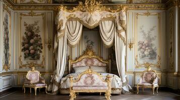 Photo of the bedroom of the Palace of Versaille, France. Generative AI