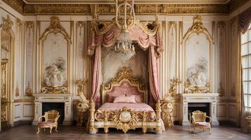 Photo of the bedroom of the Palace of Versaille, France. Generative AI