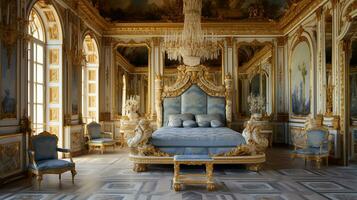 Photo of the bedroom of the Palace of Versaille, France. Generative AI