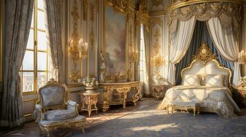 Photo of the bedroom of the Palace of Versaille, France. Generative AI