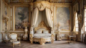 Photo of the bedroom of the Palace of Versaille, France. Generative AI