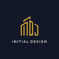 DJ initial monogram with building logo design vector