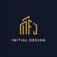 FJ initial monogram with building logo design vector
