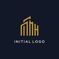 MH initial monogram with building logo design vector