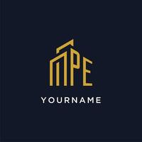 PE initial monogram with building logo design vector