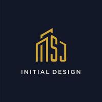 SJ initial monogram with building logo design vector