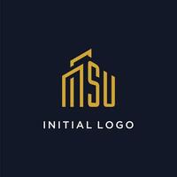 SU initial monogram with building logo design vector