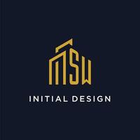 SW initial monogram with building logo design vector
