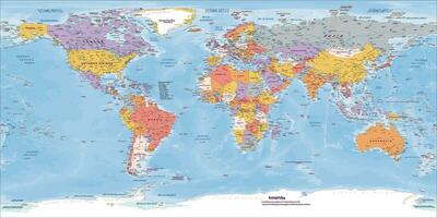 Detailed political world map Spanish language Equirectangular projection vector