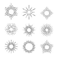 Retro sunburst, sunrise rays, semi circular sunburst, spark firework starburst design set line of light vector illustration.