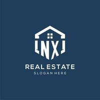 letra nx logo para real inmuebles con hexágono estilo vector