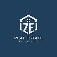 Letter ZE logo for real estate with hexagon style vector