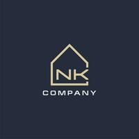 inicial letra nk real inmuebles logo con sencillo techo estilo diseño ideas vector