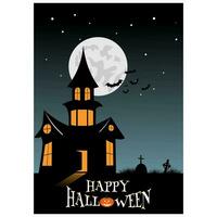 Happy Halloween poster with full moon, tree, bat, pumpkin and label Happy Halloween. halloween party inspiration vector. vector