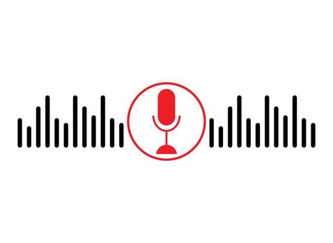 Sound wave icon, podcast player interface, music symbol, sound wave, loading progress bar and buttons. Microphone sound wave vector illustration.