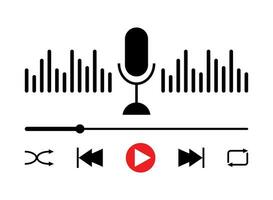 Podcast player interface, sound wave icon, music symbol, sound wave, loading progress bar and buttons. Microphone sound wave vector illustration.