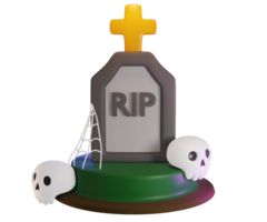 3d geven van grafsteen met kruis, schedel en spin web. halloween viering concept. geïsoleerd element png