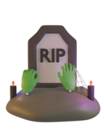 3d render of tombstone on land stand, with candles and green hands of a zombie from under the ground. Halloween celebration concept. Isolated element png