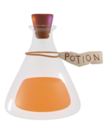 3d render of a transparent bottle with an orange potion with tag. Halloween celebration concept. Isolated element png